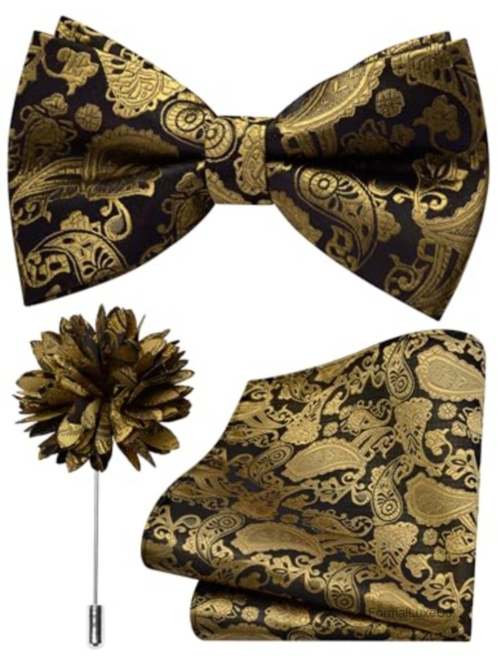 Men's Pre-tied Paisley Silk Blend Bow Tie Set with Pocket Square & Lapel Pin